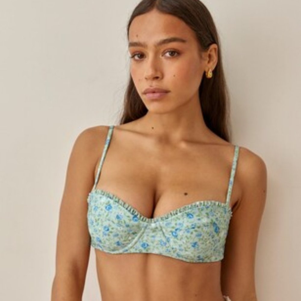 Reformation Bikini in Sprite, Kona bottoms and Pomme bustier top